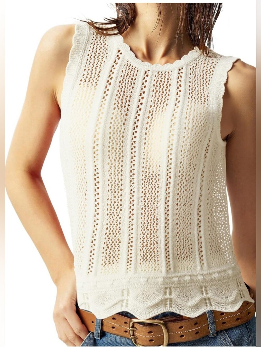 Sleeveless Crochet Knit Top - Cream Festival Hippie Coastal